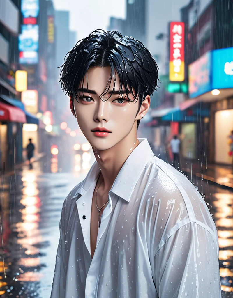 handsome korean man. fashion model, black hair. He look like kpop singers. Such as Cha Eun Woo, donghae.  He is now on the street. Wearing white colour shirt. Heavy rain by now. He got wet