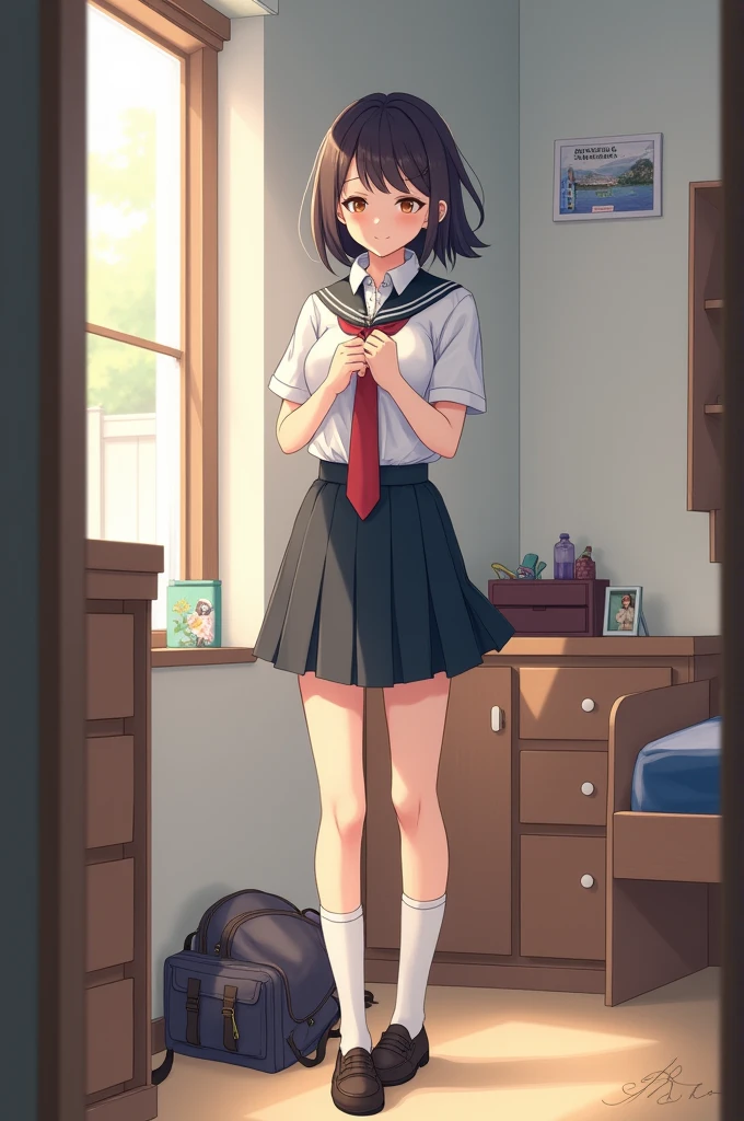Girl putting on uniform