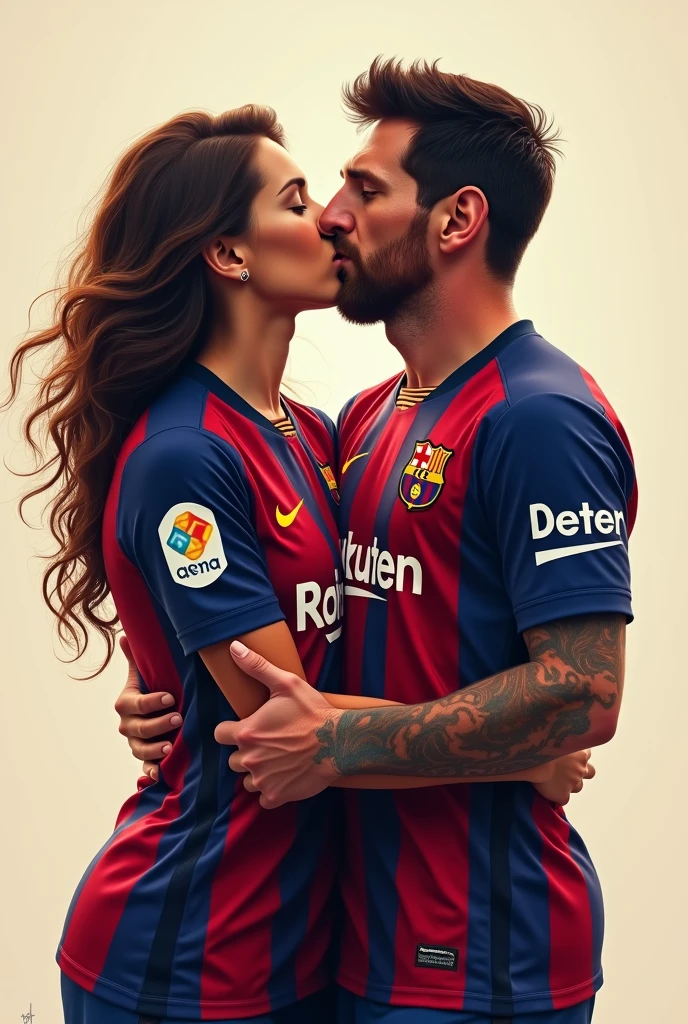 Make Lula and Messi with Barcelona shirts kissing each other with tongues