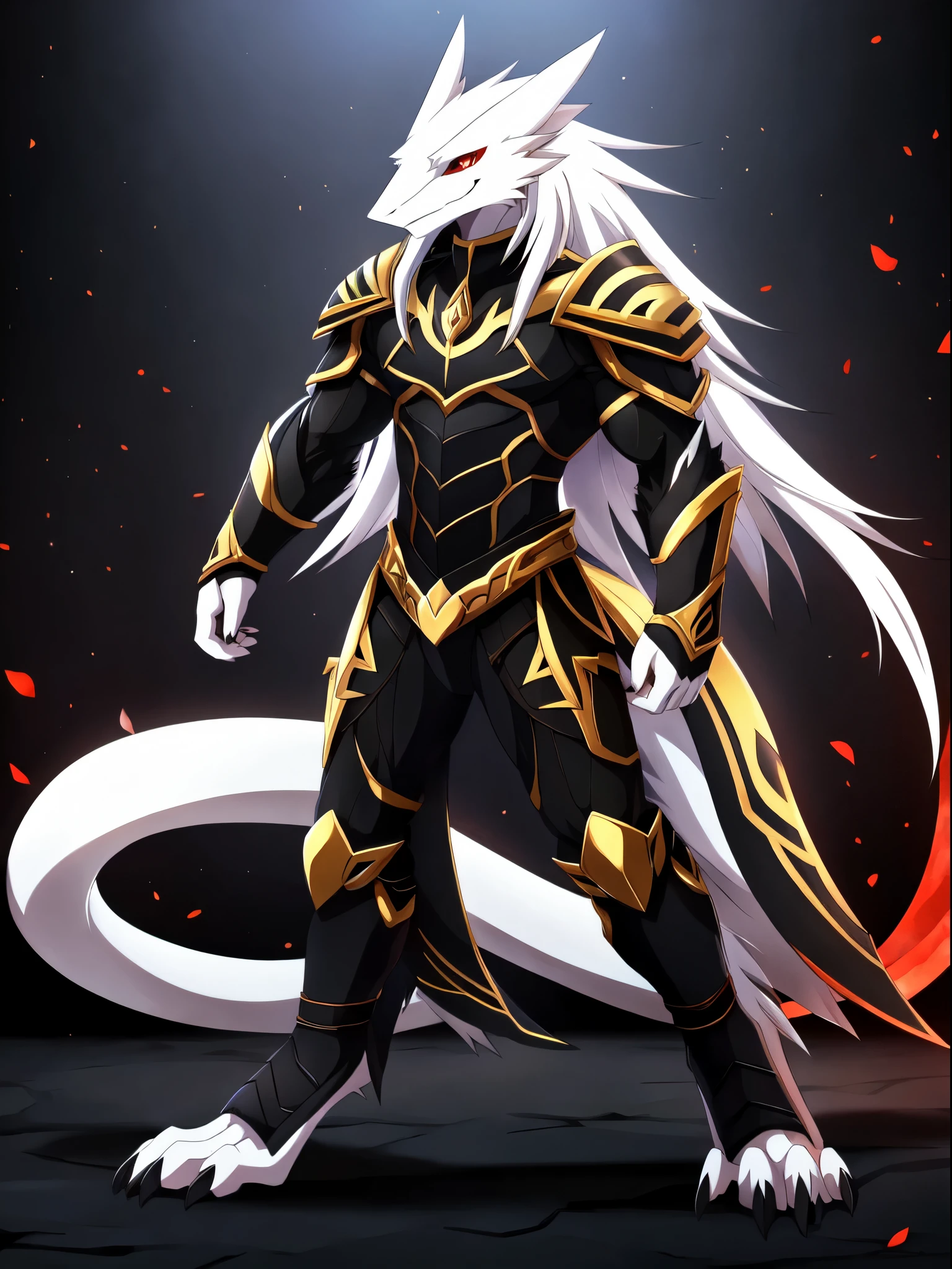 1 Sergal, (best quality, upper half, anime style:1.2), Male, (pure white fur, red eye, slit eye, black marking around eyes)  dark background, muscular, wearing black and gold armor, muscular, perfect tail, black claws, perfect tail, long tail, anime style, 8k, masterpiece, best quality, highres, high details, 16k, long white hair, digitigrade legs, perfect hands,  