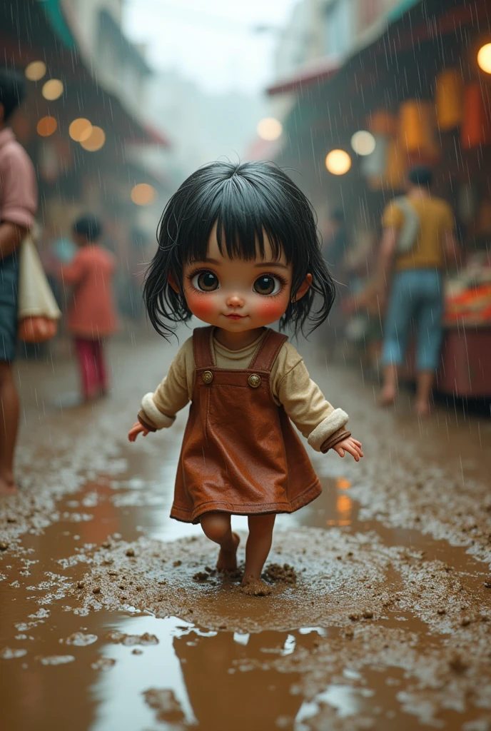 Little cute  girl that fall in mud and trying to come out from the mud in heavy rain in the crowded market