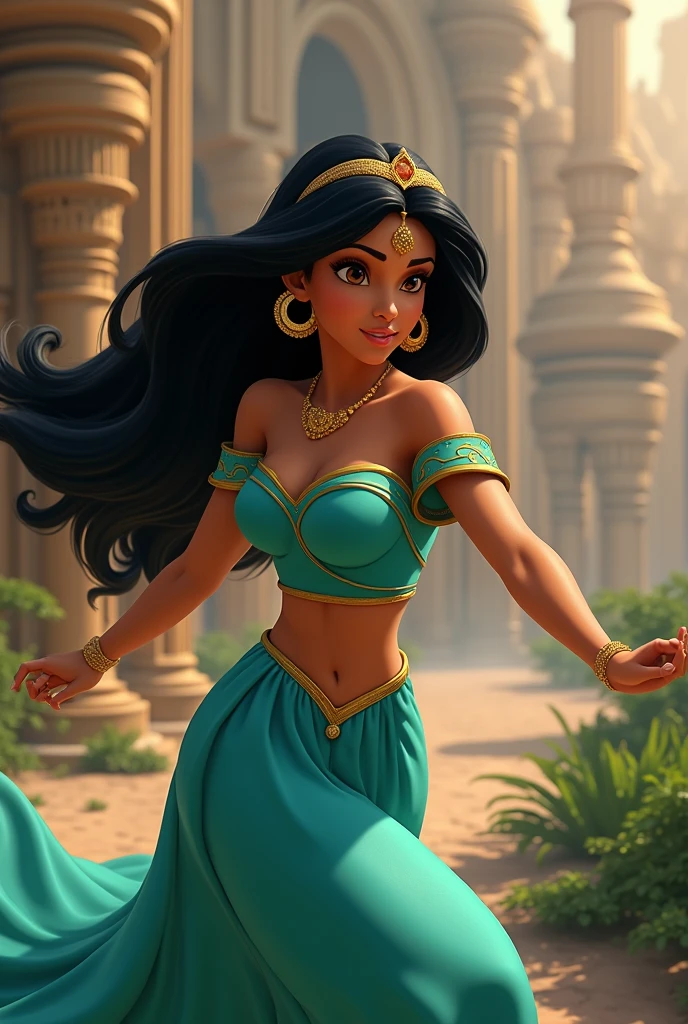 Stunning Princess Jasmine, photo in 8k, in action, cinematic.