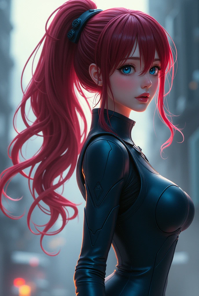 anime girl, beautiful detailed dark red hair in a ponytail, extremely detailed big blue eyes, beautiful detailed face, beautiful detailed lips, skintight pilot suit, highly detailed, realistic, cinematic lighting, 8k, dramatic lighting, dynamic pose, volumetric fog, photorealistic, masterpiece, hyper detailed