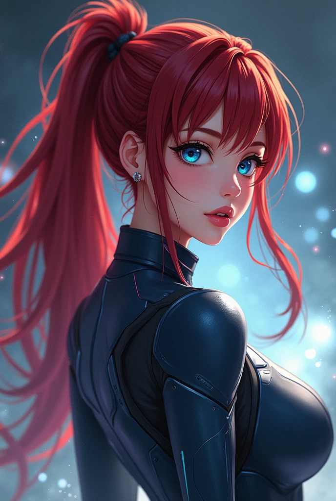 anime girl, beautiful detailed dark red hair in a ponytail, extremely detailed big blue eyes, beautiful detailed face, beautiful detailed lips, skintight pilot suit, highly detailed, realistic, cinematic lighting, 8k, dramatic lighting, dynamic pose, volumetric fog, photorealistic, masterpiece, hyper detailed