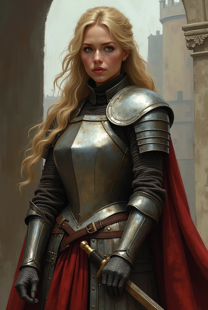 Create a medieval style PNG of a blonde woman in armor with a sword tucked into her waistband, wears boots that cover the feet and go up to the knee.
He has a very imposing pose..