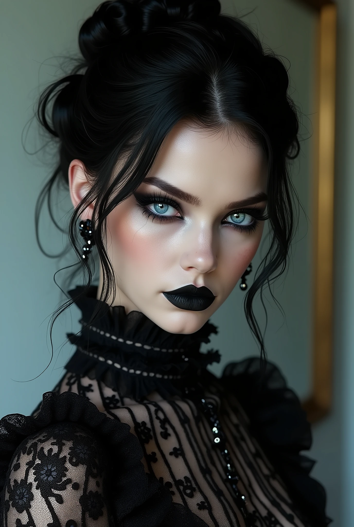 (masterpiece, photorealistic:1.4, extremely intricate:1.3), (photon mapping, radiosity, physically based rendering, ultra resolution, hyper-realistic, 8K), black hair updo goth girl, blackout eyeshadow, 19 teenage supermodel, high collar renaissance black lace dress, black lips, chains, bright blue eyes