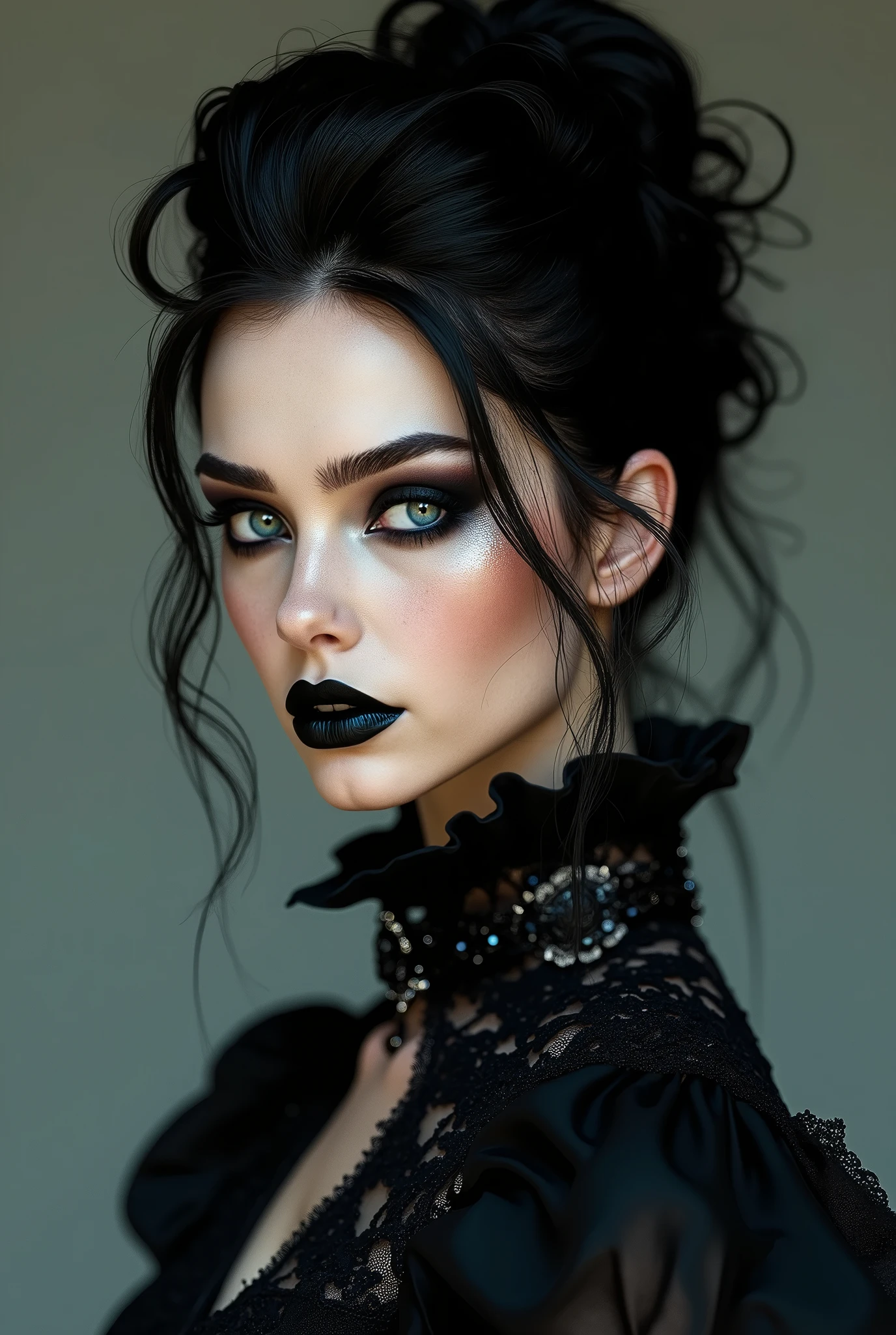(masterpiece, photorealistic:1.4, extremely intricate:1.3), (photon mapping, radiosity, physically based rendering, ultra resolution, hyper-realistic, 8K), black hair updo goth girl, blackout eyeshadow, 19 age supermodel, high collar renaissance black lace dress, black lips, chains, bright blue eyes