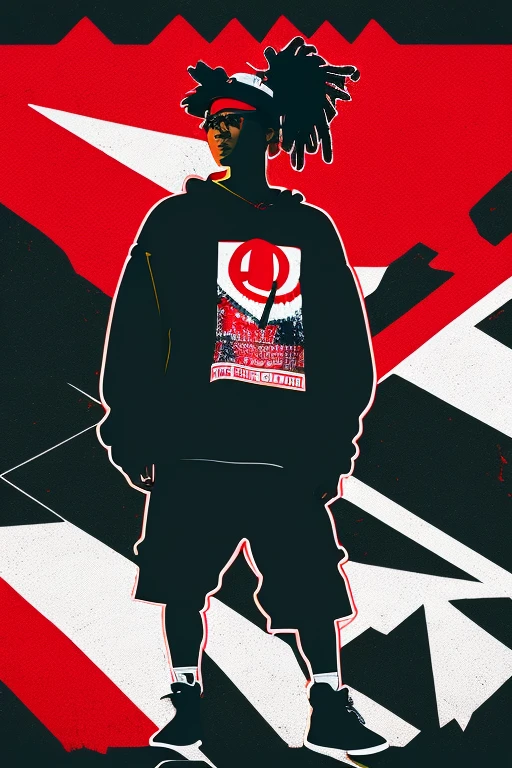 A background filled with scattered musical notes in various sizes and colors、

Creative logo illustration of a silhouette with dreadlocks and red headphones, 
Banksy、
A background completely filled with scattered musical notes in various sizes and colors, covering the entire screen.
singer、microphone、Japanese、

beautiful girl colorful image

Dance hiphop Dance CREW  Waacking Dance

Punking 

black medium hair black medium hair 

Five fingers Baggy clothes Baggy clothes
HIPHOP crew、

the Japanese flag, background,patriotic,minimal,simple,bold colors,graphic,flat design,clean