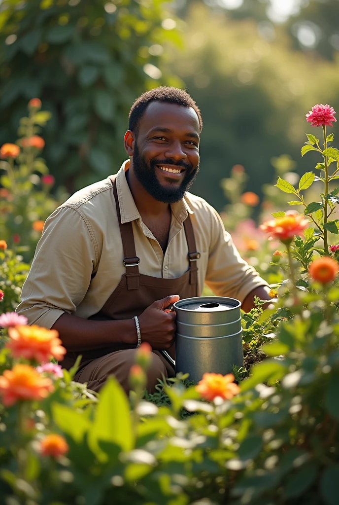 Black man watering a beautiful garden