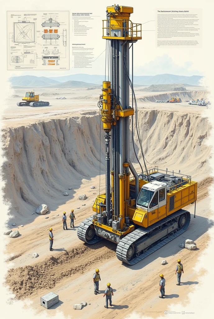 Technical drawing or illustration showing a drilling and blasting process, with technological and safety elements highlighted.