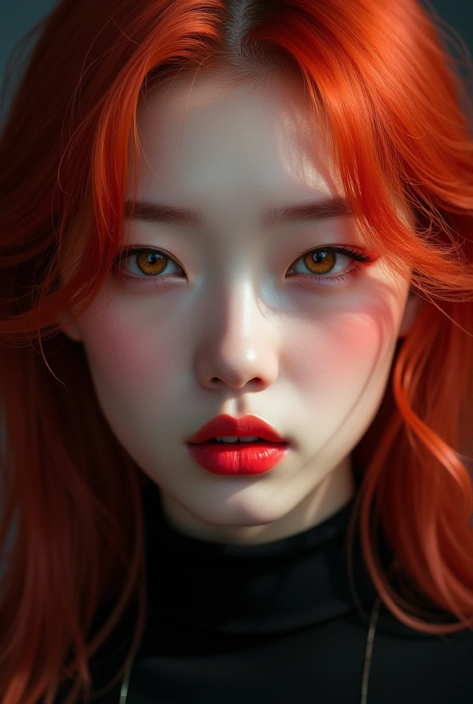 young korean woman, red hair, glare eyes, rosy lips and cheeks. 