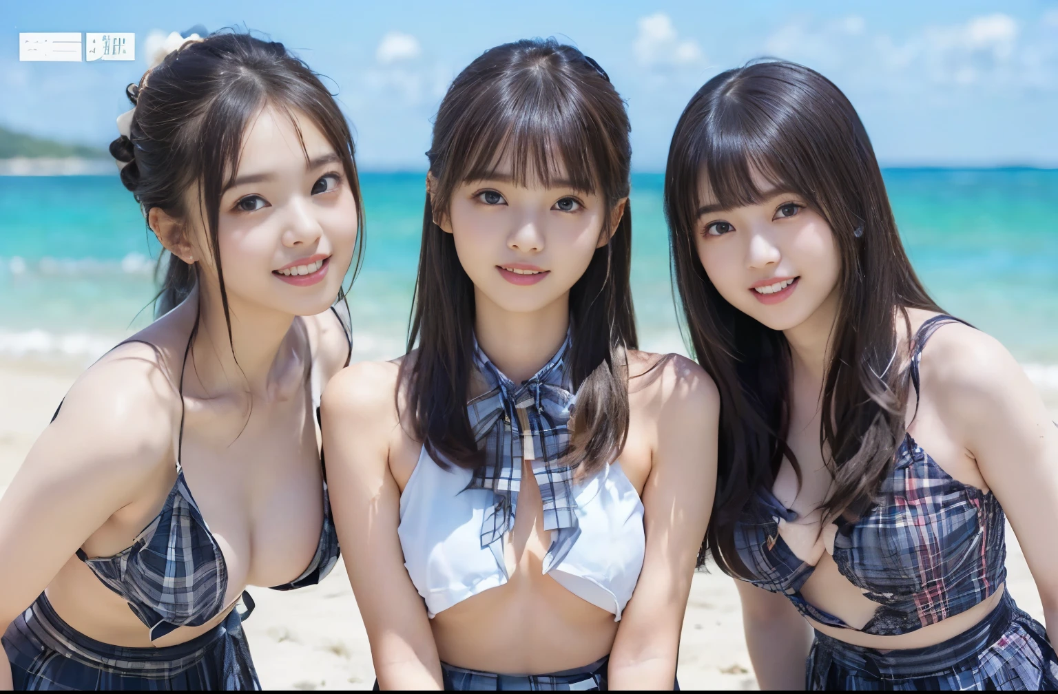 (Highest quality, masterpiece:1.2), Highest quality, Realistic, photograph, High resolution, 1080P, 8k, Physical Rendering, ((height: 155cm、Slim and slender style、medium firm chest)), ((((((Beautiful fashion models featured in Japanese fashion magazines。、Look directly at the viewer)))))), (((big, Very fine, Beautiful dark brown eyes))), ((((Everyone loves me、They are Laughter at me.!)))), Detailed fingers, (((length, Curled bangs))), ((((Very noble and cute eyes, Every detail is carefully drawn)))), ((double eyelid)), (((length eyelashes))), ((cute、Adorable、Adorable、Laughter、Laughter頬)), ((Pure white light hits my nose and cheeks. Her naked eyes and pale skin are beautifully white....(((((No makeup))))))、 (((((Her face is very expressive、With a noble smile。, so sweet, very smart))))), ((((A striking plain navy large school ribbon bow tie)))), ((((Beautiful long black hair fluttering in the wind)))), (((((((She rolled up her formal long pleated skirt, Blue and navy tartan check,))))))), ((((The size is a bit small、She lifted up her white sleeveless shirt with a gold emblem on it.., She shows off her beautiful small breasts.、Upper body nude)))), ((As elegant as a noble princess)), ((Girls exposing their breasts on the beach)), ((Pure white skin creates a striking image..))((((((Very close))))))、((((((Summer memories of three high school girls)))))、Shortcut Straight Hair