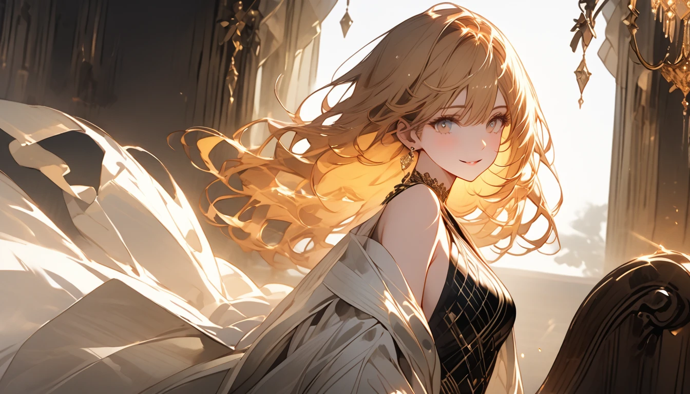 Imagine a scene set in a luxurious, dimly lit room with a velvet drapery backdrop. In the foreground, a beautiful woman with striking ginger hair cascades in soft, flowing waves down her shoulders. Her hair gleams in the ambient light, adding a fiery contrast to the room’s opulent shadows. She wears an elegant, flowing silk robe in a deep, rich hue that accentuates her graceful figure. Her eyes are a captivating blend of confidence and mystery, drawing the viewer in.

In this seductive scene, she is posed with a subtle, enchanting smile, leaning casually against a vintage chaise lounge adorned with intricate patterns. The atmosphere is enriched by the warm glow of a nearby candle or soft chandelier, casting delicate highlights and shadows that enhance the mood. The setting is tastefully adorned with a few art deco elements or classic antique furnishings to add an extra touch of sophistication. 

Focus on capturing the interplay of light and shadow to emphasize her fiery hair and the luxurious textures around her, creating an intimate yet elegant ambiance.