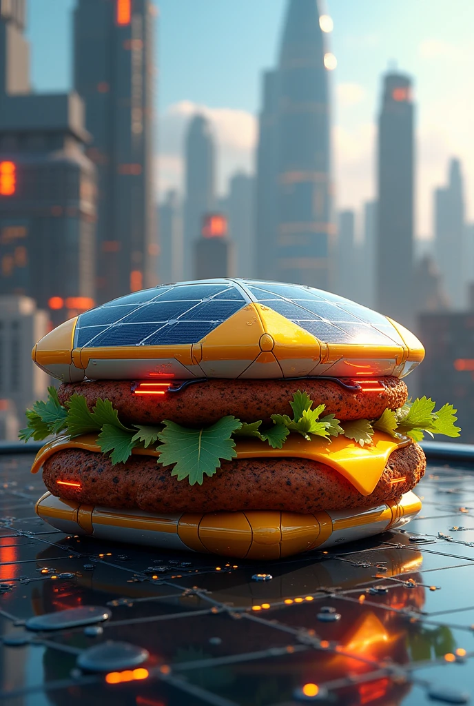 A hamburger shaped like solar panels