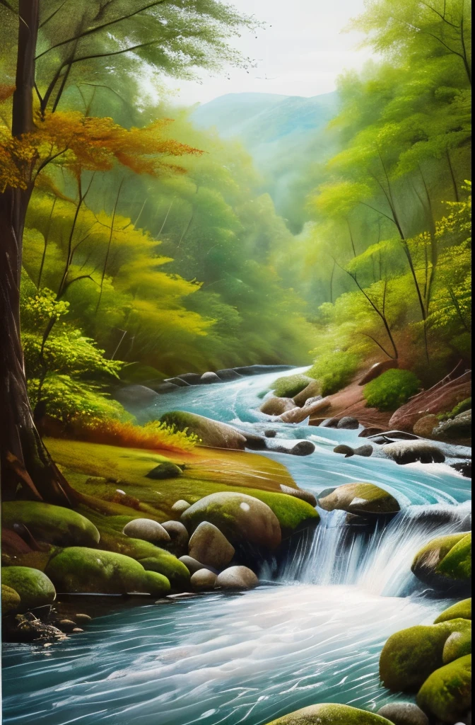 a painting of a stream running through a forest filled with trees, a photorealistic painting by Scott Gustafson, shutterstock, hudson river school, nature painting, beautiful flowing feeling, stream of love and happiness, river in the wood, babbling brook, watercolor painting style, real-life brook, landscape art, water painting, oil painting style, incredible painting