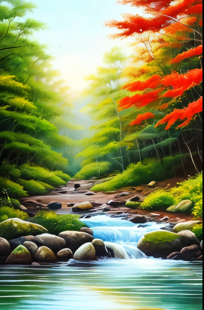 a painting of a stream running through a forest filled with trees, a photorealistic painting by Scott Gustafson, shutterstock, hudson river school, nature painting, beautiful flowing feeling, stream of love and happiness, river in the wood, babbling brook, watercolor painting style, real-life brook, landscape art, water painting, oil painting style, incredible painting