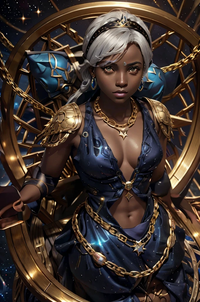 high quality, galactic looking girl, dark space skin filled with stars, gold eyes, iron crown with blue gem, four arms, SERIOUS LOOK, without bodily features, unclothed, Medium Chest, golden chains around him, White hair,