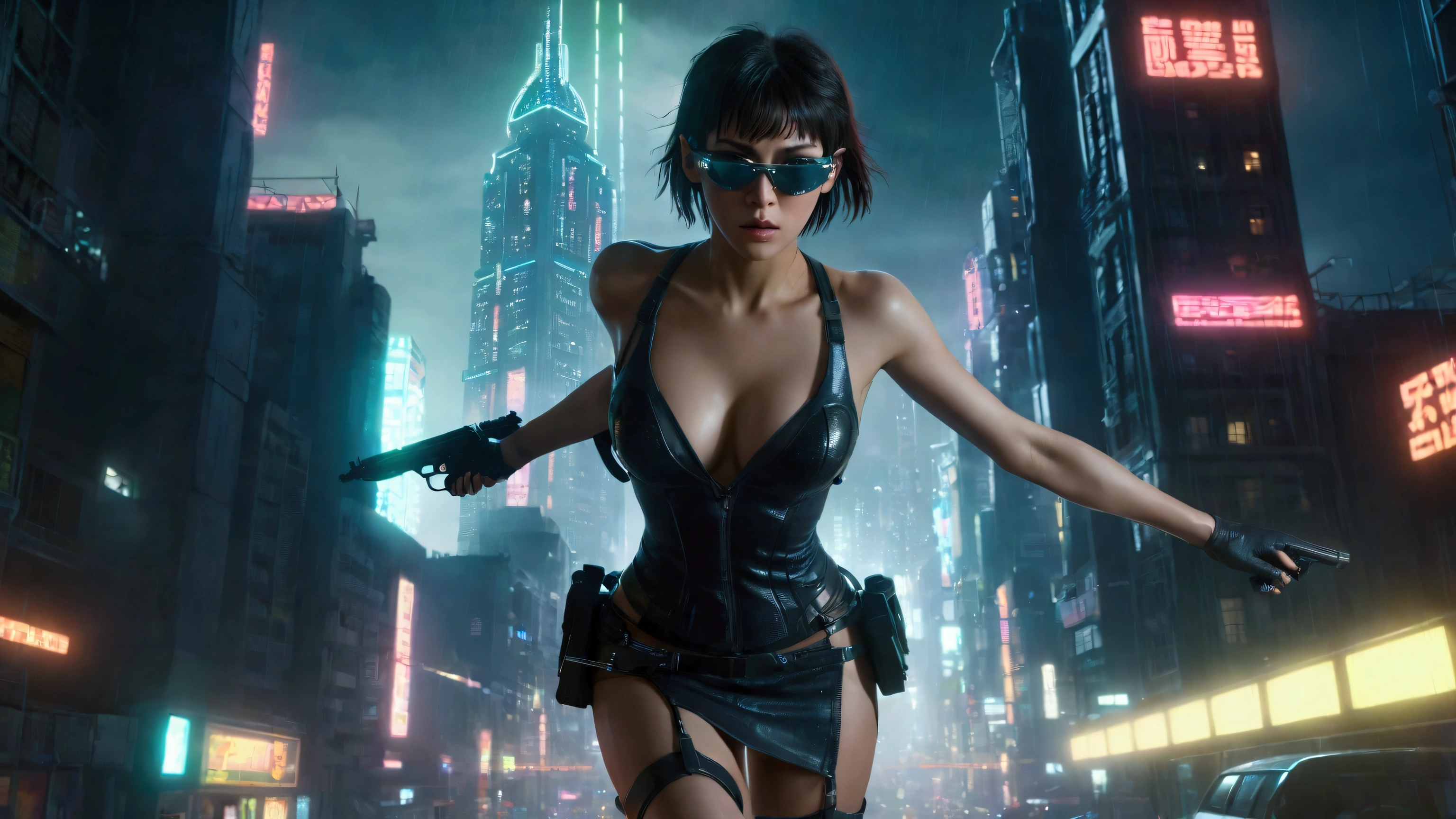 (Wide angle aerial view). Blade Runner inspired night city, simple outlined neon tall buildings, glowing ghost-like transparent clock tower, helicopter, lightning, close-up glowing matrix cascading code, 3D rendering Beeple. At night, (1girl, solo, alone), photorealistic, large- slim:0.6 body, oval:0.5 face, cleavaminiskirt, deep-v, ((upskirt)), glotrix style black micro sunglasses), ((aiming viewer with a short gun)), dynamic running pose, (half-body thigh level close-up shot), cinematic lighting, ray tracing, motion blur background.