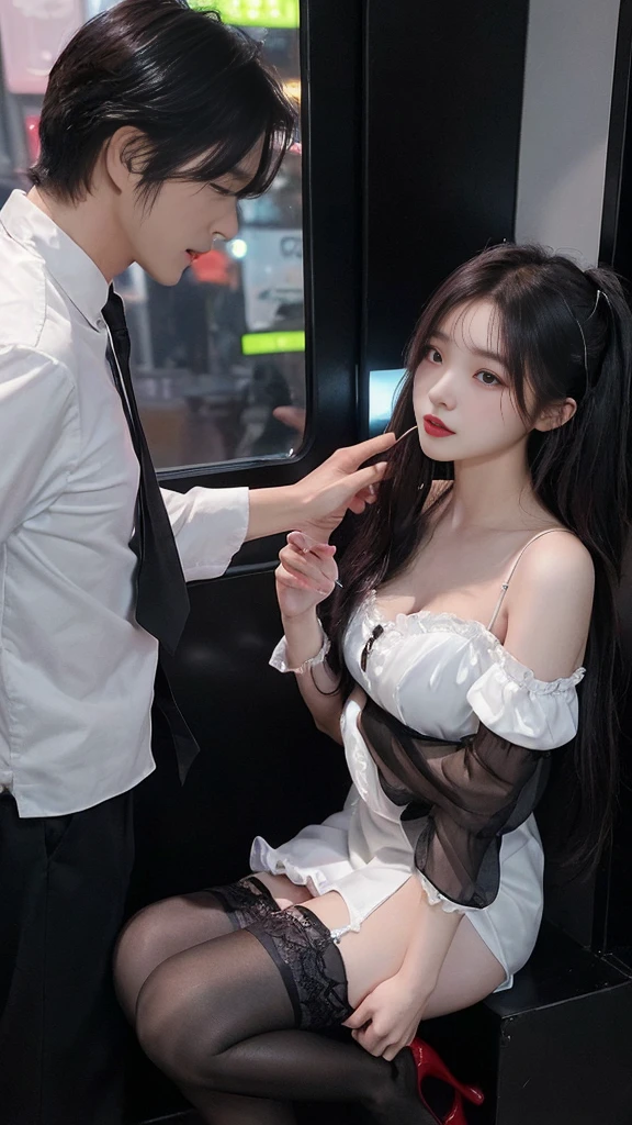  (high quality), (SFW), (vertical split screen:1.6), (Various scans:1.5),  (A middle-aged Korean man enjoying a smartphone chat app with a young, gorgeous Korean prostitute.. : 1.6), (A man is looking at his smartphone and enjoying chatting with a woman from a distance.:1.4), (The prostitute has her colorfully dyed hair pulled to one side and pretty face makeup... : 1.4), (She is a prostitute wearing a feminine dress, Stockings and sticky high heels that seduce men.:1.3), her instagram feed, her daily life, her account, Her smartphone screen shows her followers and numerous perverted Korean men chatting with her.., Chat language is English., The man is waiting for her answer, Each pop-up window is displayed..., chat history, Online Profiles and Photos, And the man asks her to chat on the smartphone screen.... He and she take turns messaging on a chat app..., her time is night,