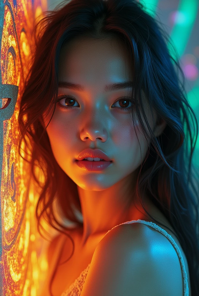 masterpiece,best quality,official art, extremely detailed CG unity 8k wallpaper,absurdres,8k resolution,exquisite facial features,prefect face,Cinematic Lighting, Close-up of a young woman, beautiful face, trending digital fantasy art Ankh Dream Skin, stylized pattern, Rainbow line Avatar, Rendering Joy of life Aaron Earley Human life forms connected artstatio by Bruce Onobrakpeya art-gem