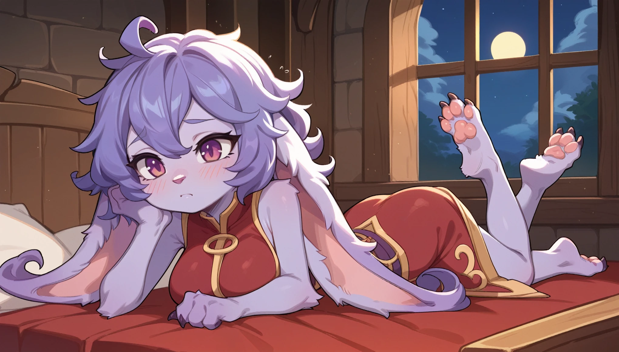 score_9, score_8_up, score_7_up, best quality, masterpiece, Lulu, (absurdly high resolution:1.4), (short, diminutive, smol), yordle, (humanoid, light purple skin, purple eyes, (long ears, horizontal ears), long horizontal yordle ears, claws, feminine), mage outfit, barefoot, cute, adorable, slim, thin, (hair, fluffy hair,), large breasts, sleepy expression, blush lines, submissive), solo, isekai setting, window, night sky, Expressive, young, expressive, fantasy, paw pads,