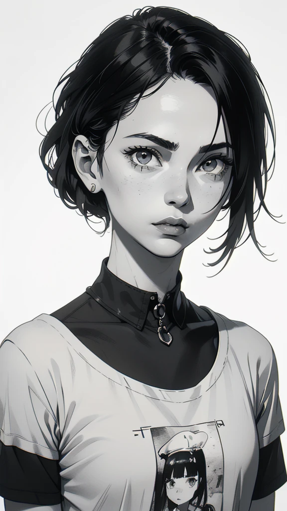 1 boyish girl, solo, sharp eyes, monochrome, greyscale, short black hair, portrait, white T-shirt, closed mouth, looking at viewer, graphite \(medium\), detailed lips, hatching \(texture\), without makeup, bangs, upper body, (best illustration), (best quality), (very detailed), (masterpiece), expressionless,