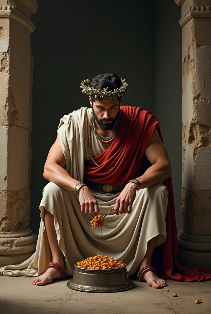 Romano Julio Cesar eating from a dog bowl