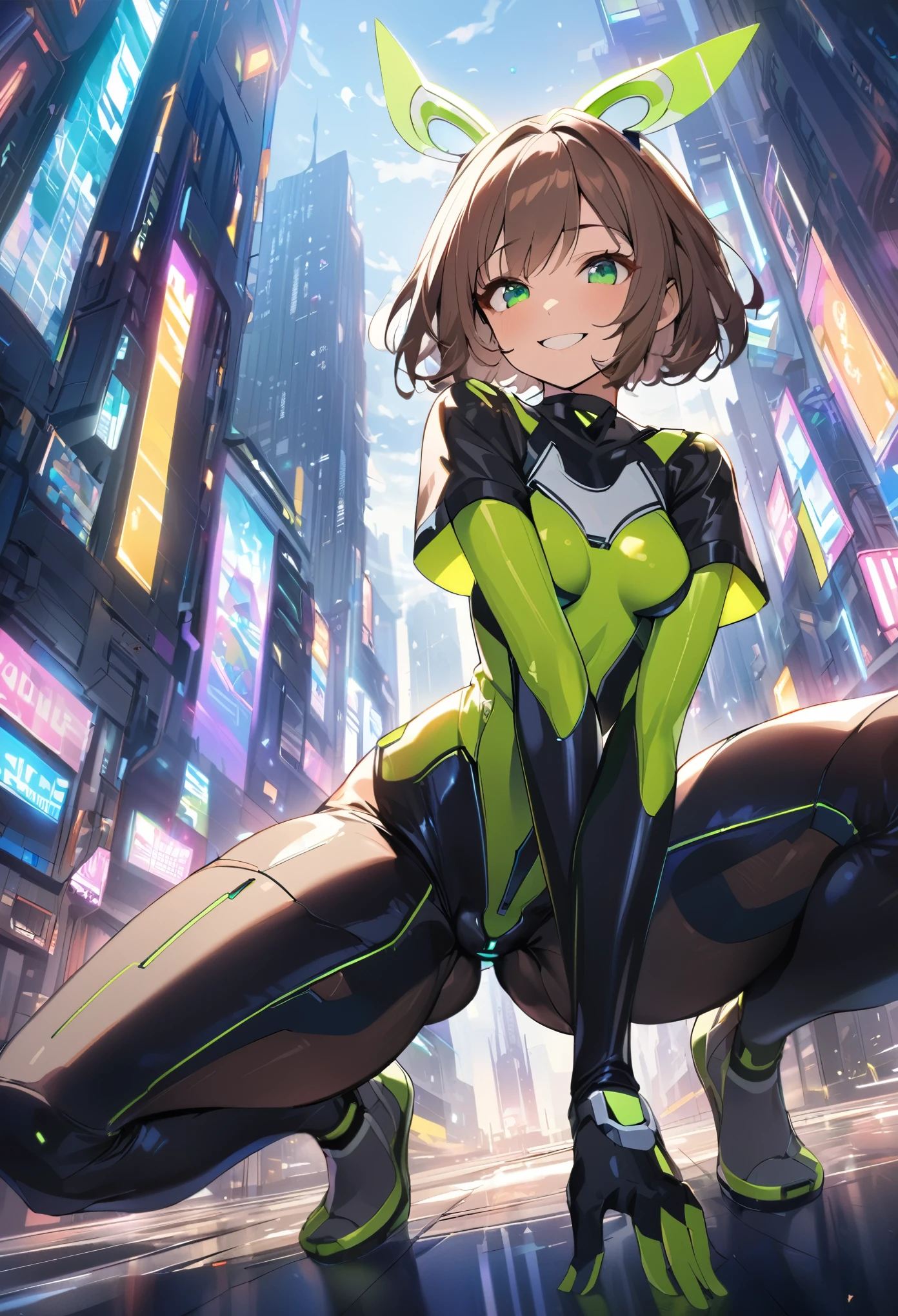 1teen_girl, kneeling with one hands on the ground  solo, short hair, brown hair, short sleeves, (latex_bodysuit), robot ears, green eyes, short sleeves, short over long sleeves, bare_thighs,smile, in futuristic city, , high quality, medium_,crotch, slouch,groin,dynamic_angle,open_legs,spread_legs,