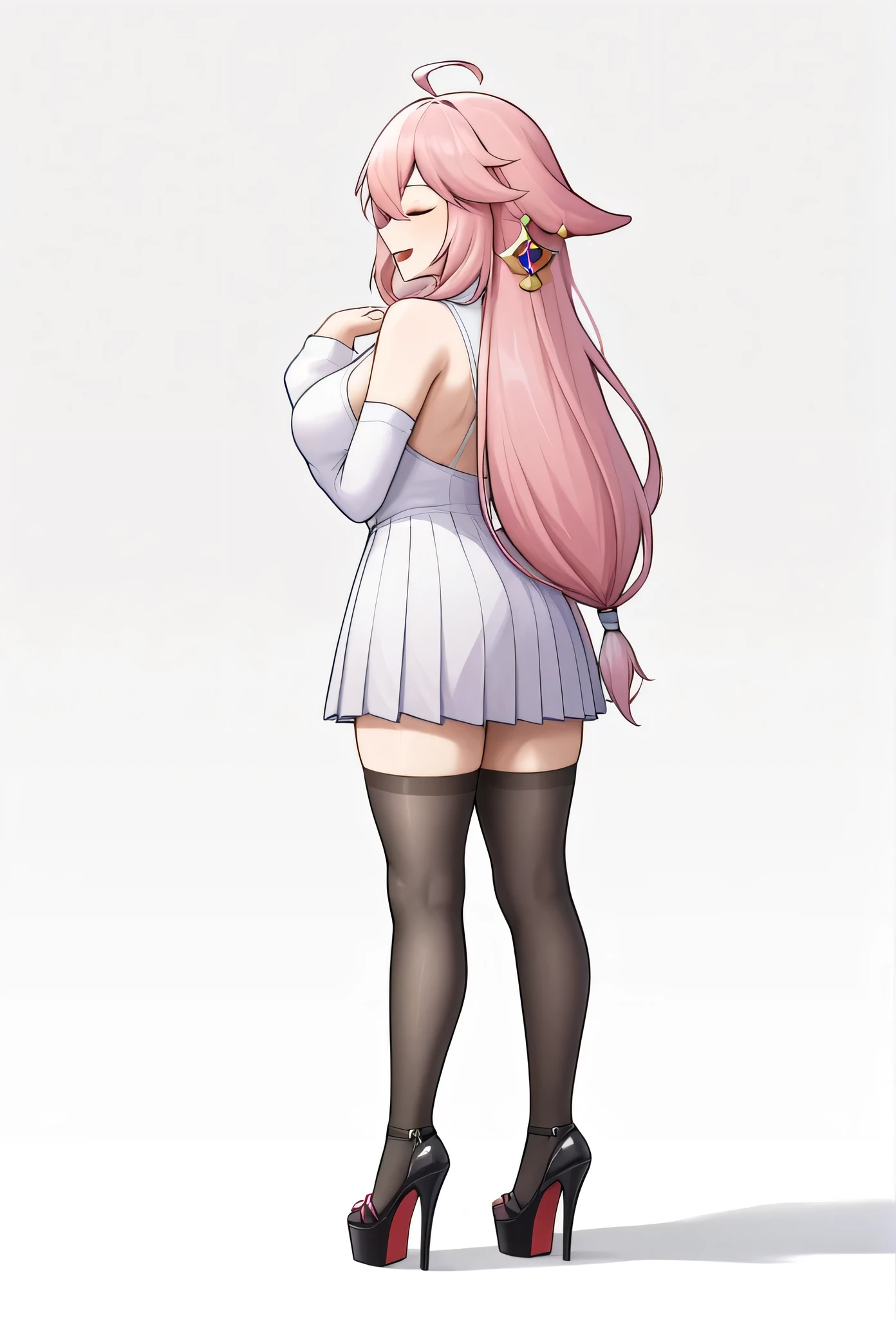 score_9,score_8_the most,score_7_the most,Bachong, alone, Pink_chemise, Pink_theme, Schmucklos_backdrop, 1 girl, long_sleeve, open_mouth closed, pleated_rocks, breasts, seek_at_spectators, Pink_sweater, White_backdrop, White_chemise, Pink_Ribbon, sleeve_Past_wrists, highres, absurdeste, sleeveless_sweater, hole body, black nylon stockings, platform High heels, five fingers, bent, Body from behind