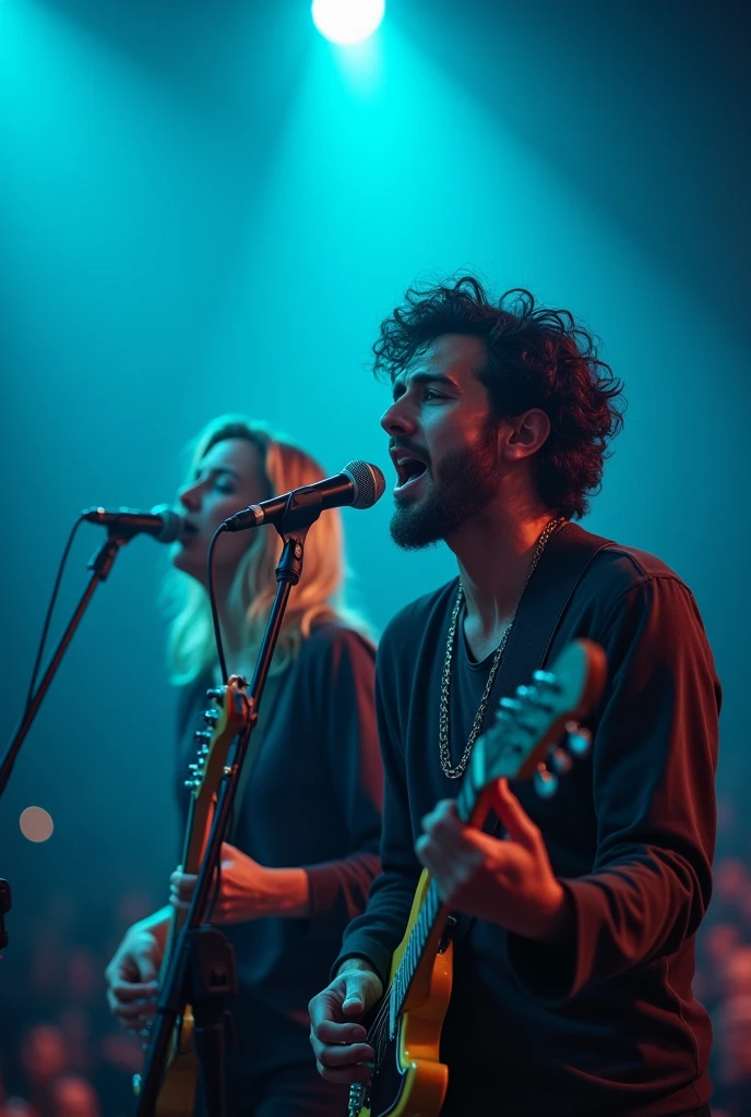 Uma banda em um show de pop rock, with Echo grace writing, with a close-up capturing the audience,, singing with microphone , cerulean, Face ultra detailed, dark curly hair, blonde singer