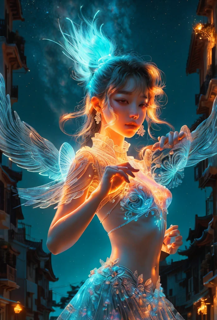 ultra 현실적인 photo, 자연 채광, 현실적인, 매우 상세한, 사진술, 걸작, 고품질, Romantic, upper body angle, beautiful perfect face_translucent luminous body, surreal, (detailed and accurate hand depiction, delicate features), dynamic colors, street of architecture, clear sky, (highest quality, 8K, surreal:1.2), (highly detailed, realistic:1.37), bright background, intricately detailed, amazing, fluorescent, glowing, bioluminescent,