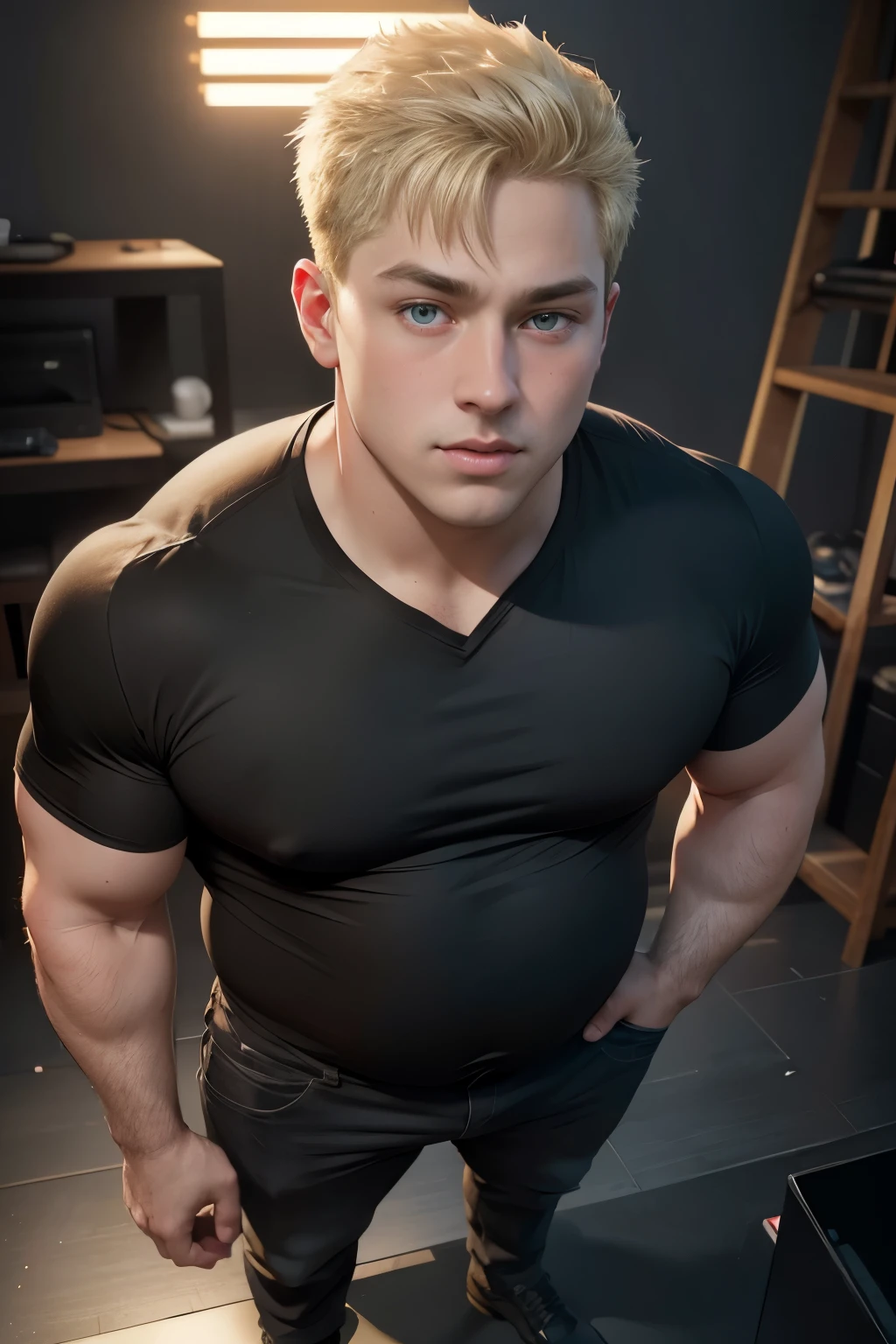 men, young, pretty face, cute face, ((little chubby)), full body, black shirt, blonde, extremely detailed face, hyper detailed, realistic, photorealistic, 8k, high quality, studio lighting, detailed male body