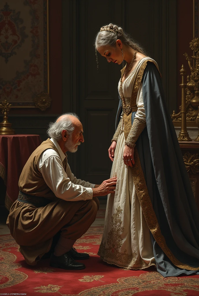 An old male foot servant lying under the feet of queen