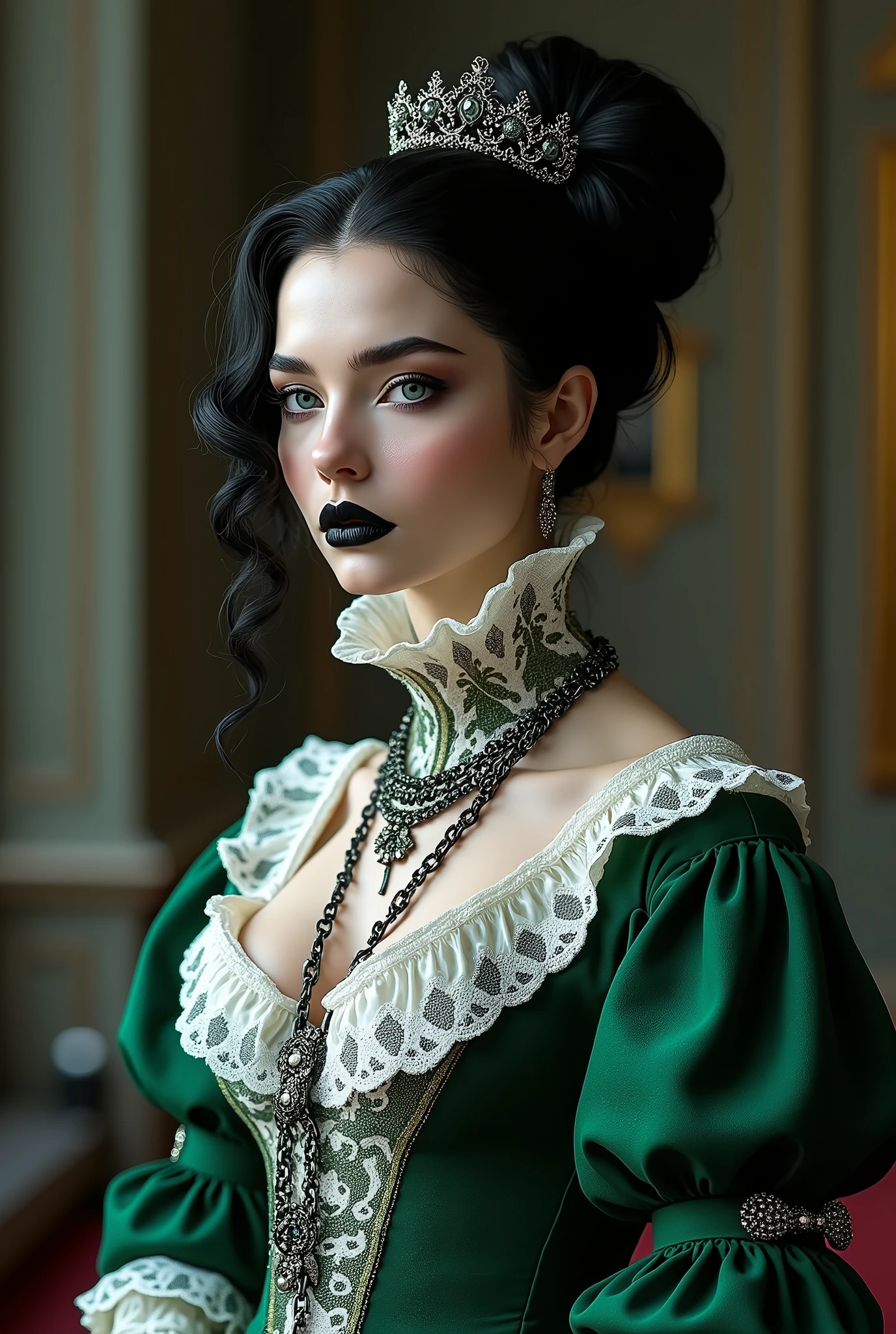 (masterpiece, photorealistic:1.4, extremely intricate:1.3), (photon mapping, radiosity, physically based rendering, ultra resolution, hyper-realistic, 8K), black hair updo goth girl, blackout eyeshadow, 30 year elegant woman, pale skin, high collar renaissance green white lace dress, black lips, chains, bright blue eyes
