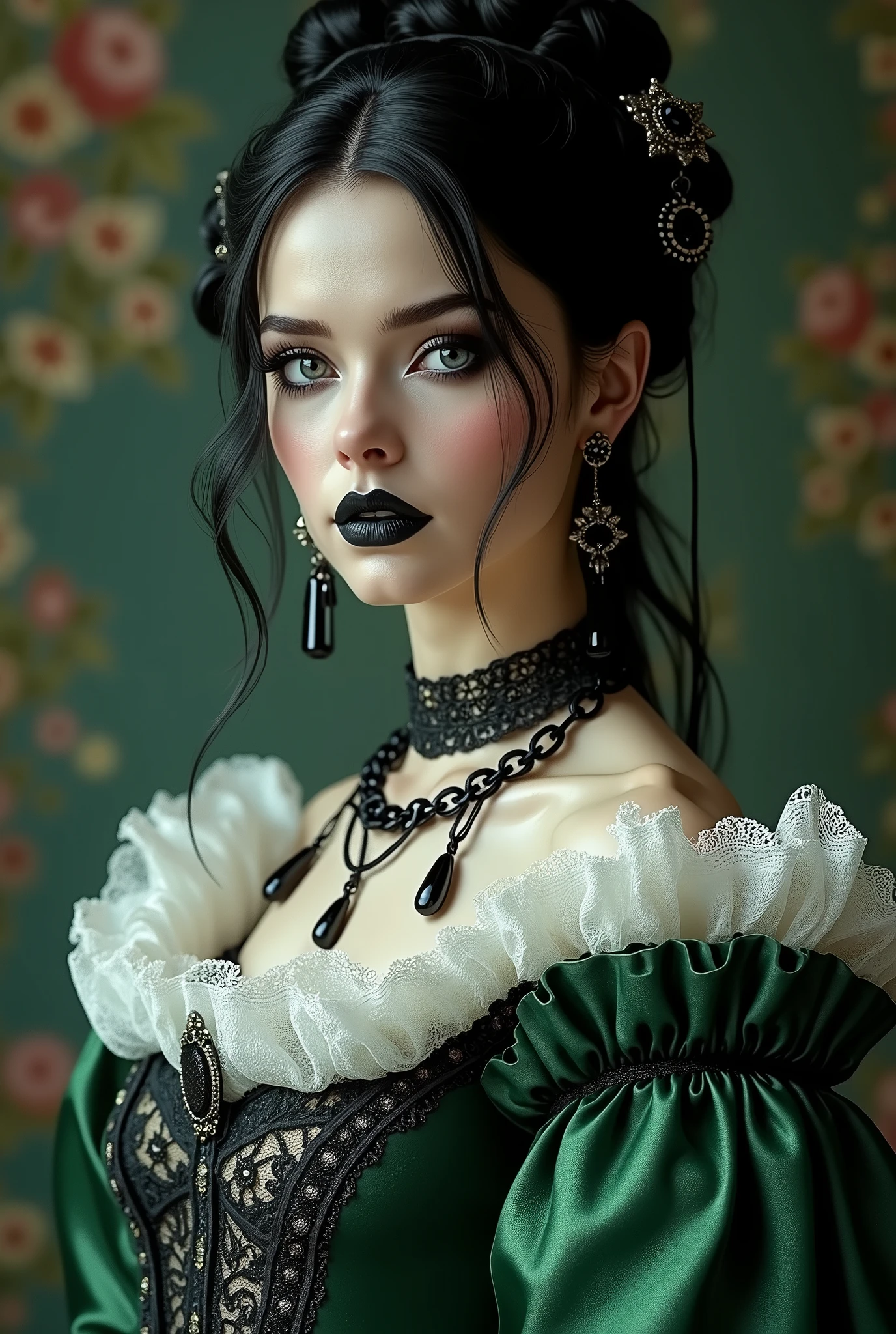(masterpiece, photorealistic:1.4, extremely intricate:1.3), (photon mapping, radiosity, physically based rendering, ultra resolution, hyper-realistic, 8K), black hair updo goth girl, blackout eyeshadow, 30 year elegant woman, pale skin, high collar renaissance green white lace dress, black lips, chains, bright blue eyes
