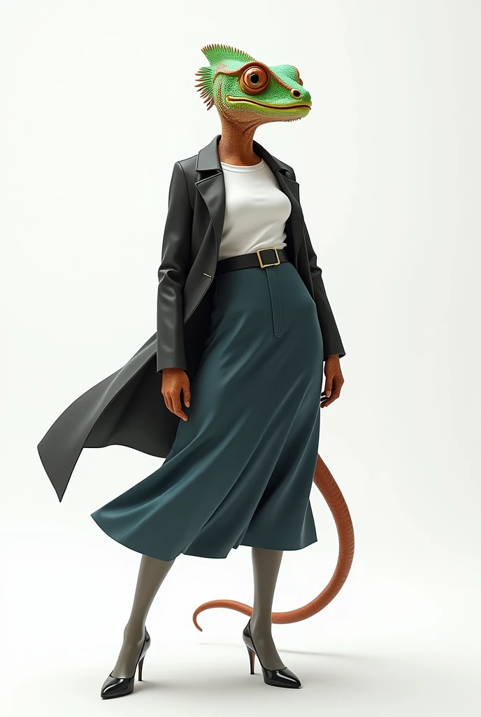 women (full body shot),with a chameleon head, Anthropomorphic, semi-formal dress, white t-shirt Sola 1, dynamic pose, Skirt, jacket, stand on your feet,White background,(extremely colorful, Best Quality, High detail, big boy, masterpiece, cinematic lighting, 4k, chiaroscuro,ray tracing)