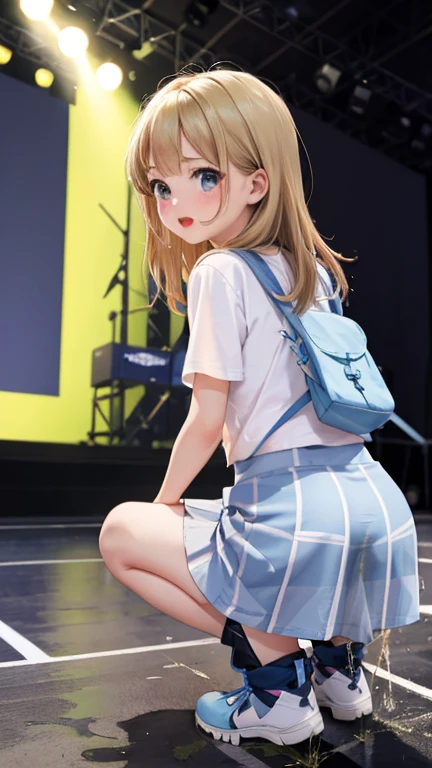 High resolution, Beautiful woman, ,Attention to detail, Good lighting, Obscene, conversion, ((Fluffy T-shirt)), ((mini skirt)),((sports boots)), Light blue school bag、Bare thighs, Bare arms, (((Be incontinent))), (Pee), Peeの染み, (puddle), Thick thighs, Nice long legs, lipstick, Detailed face, Cute Face, Embarrassed and blushing face, Humiliated, ((On the stage at the ball)), (Squat), (Side view),Stick your butt out,Open your knees