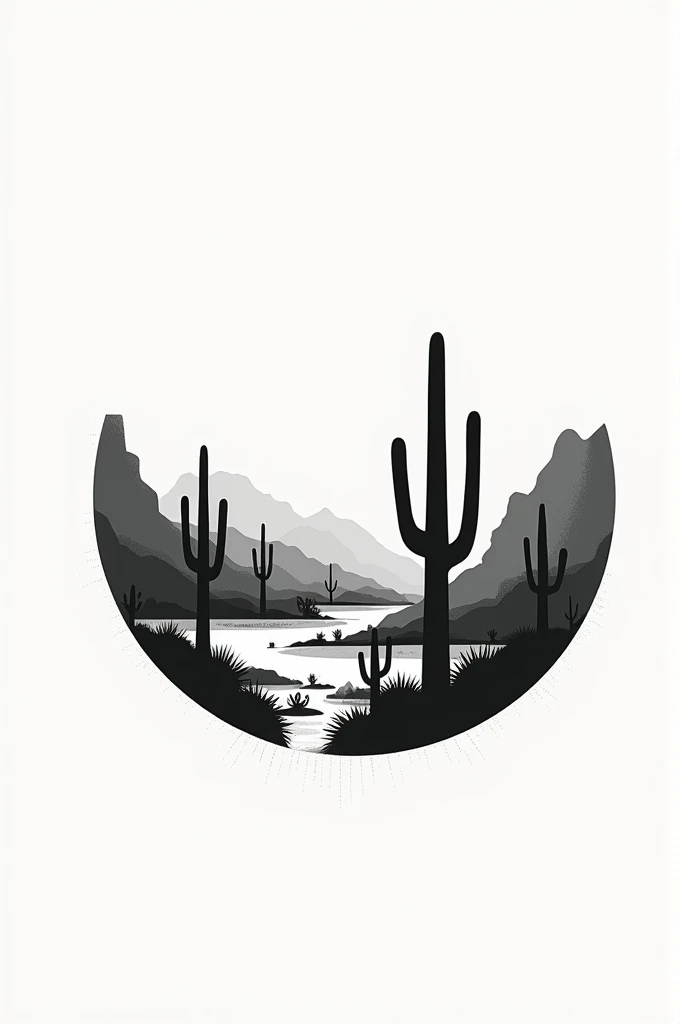 A black and white logo of a desert with a 2d western style cactus farm