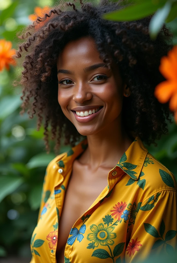 A Brazilian woman in a lush tropical garden, wearing an open shirt with a floral print, with a close-up capturing the harmonious beauty between her breasts and the natural flowers, showing off your natural charm and outgoing personality.