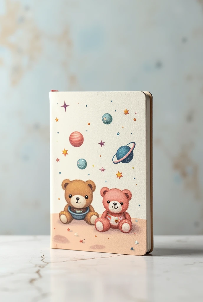 Create a cute notebook cover, with teddy bears and planets, and that does not take up much space. Que combine com a cor "Plata "
