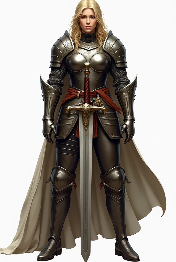 Create a full body medieval style PNG of a blonde woman in armor with a sword tucked into her waist, wears boots that cover the feet and go up to the knee.
He has a very imposing pose..
