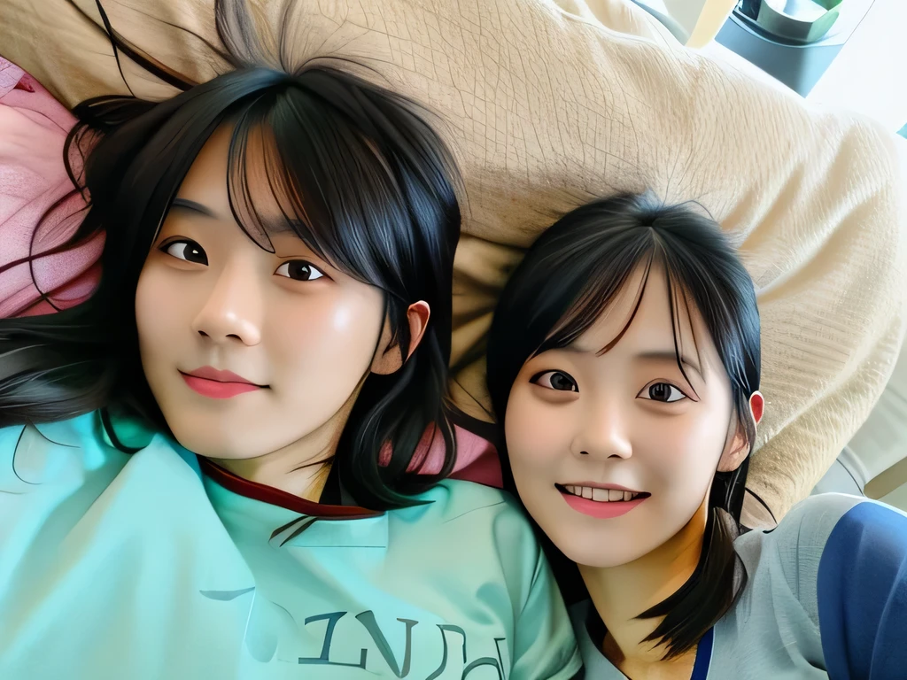 Group photo of a black-haired couple lying on a bed
