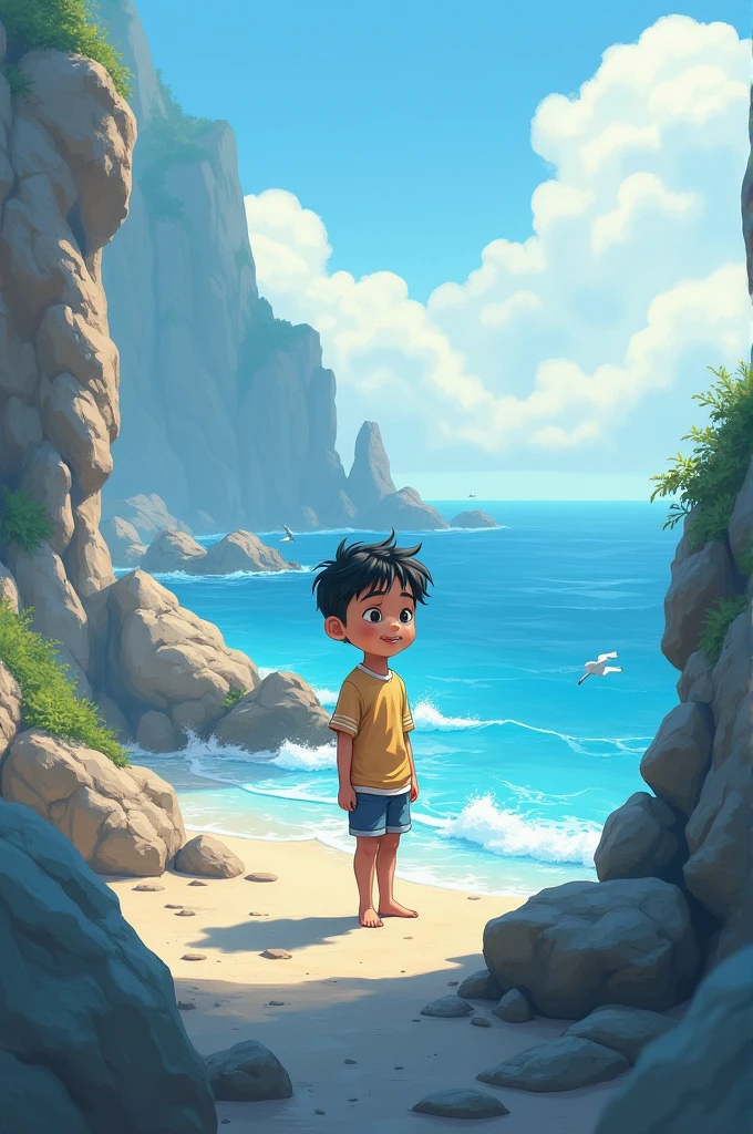 create photo of a cute boy standing alone infront of sea shore like Rocky bahi in KGF