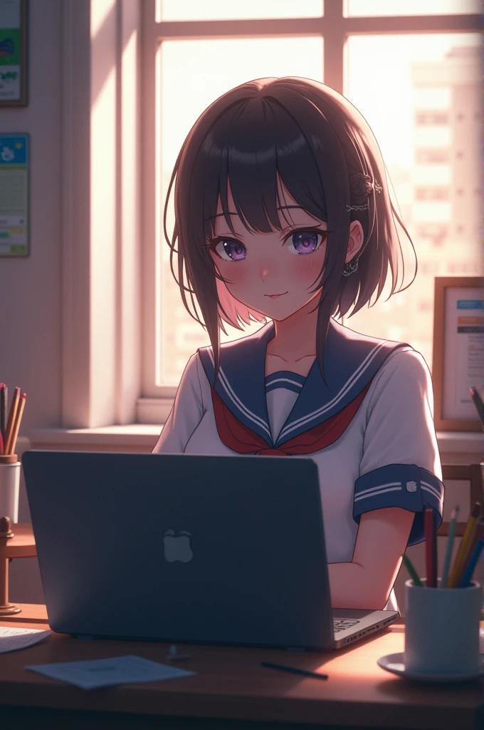 anime girl sitting at a desk with a laptop in front of a window highly detailed pixels, illuminated with smooth, soft lighting, trending on ArtStation, the hyperrealistic vision of H R Giger