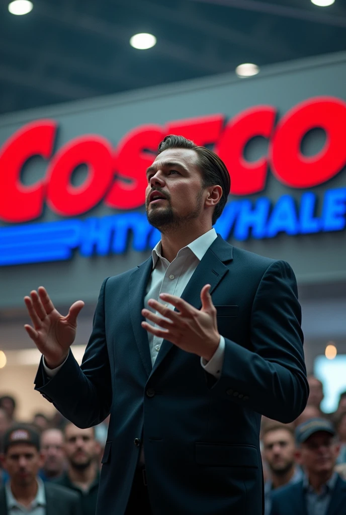 Wolf of Wallstreet Leonardo Dicaprio giving a speech at costco wholesale sign behind him