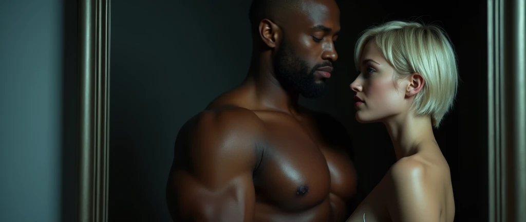 (Photorealsitic:1.4), (masterpiece:1.3), (top-quality:1.4), ((ultrarealistic)), HD 8k, (Sharp focus: 1.2), (Focus on the face:1.4), well proportioned full body of Beth (3 blonde woman) and Jackson (3 muscular and much taller black man),
Beth with innocent expression, (extremely beautiful: 1.2), amazing beautiful, extraordinary beautiful, Detailed cute femenine and beautiful face, Detailed facial features , Beautiful Face, Anatomically correct, Highly detailed face and skin texture, Natural Cheeks, subttle Glowing white skin, Fair skin: 1.3, (Glossy Lips: 1.4), (light blonde very short straight silky hainer hair bob style ), glowing beautiful bright clear light blue big naive eyes, double eyelids, fine little sensual nose, femenine little mouth with big full red pucky lips, thin chin, freckles, narrow long neck, femenine narrow shoulders, detailed eyes and face, long eyelashes, elegant lady, subtle makeup, extremely beautyful tonned legs, extremely nice perky ass, narrow waist, defined and tonned belly. sexy hips,, full Lush bust, Jackson is a dangerous man, handsome and extremely masculine, (strong and muscular legs chest and arms), wide shoulders, powerful jaw, (black bald man), (without beard: 1.1), (big bulge in crotch: 1.1),
Beth is wearing a thin t-shirt and a long skirt with sneakers,
Jackson is wearing orange prison uniform, chest and back exposed showing his muscles,
(intimate night bedroom ),
alternative vibe, intimate lighting, high contrast, dramatic shadows,highly detailed,detailed skin,depth of field,dynamic angle,
Beth standing in front of the closet mirror, Jackson behind her taking her by the waist, completely reflecting their bodies in the closet mirror, extremely detailed bodies and faces, extremely atmosphere of erotic anticipation, he is much taller than her.