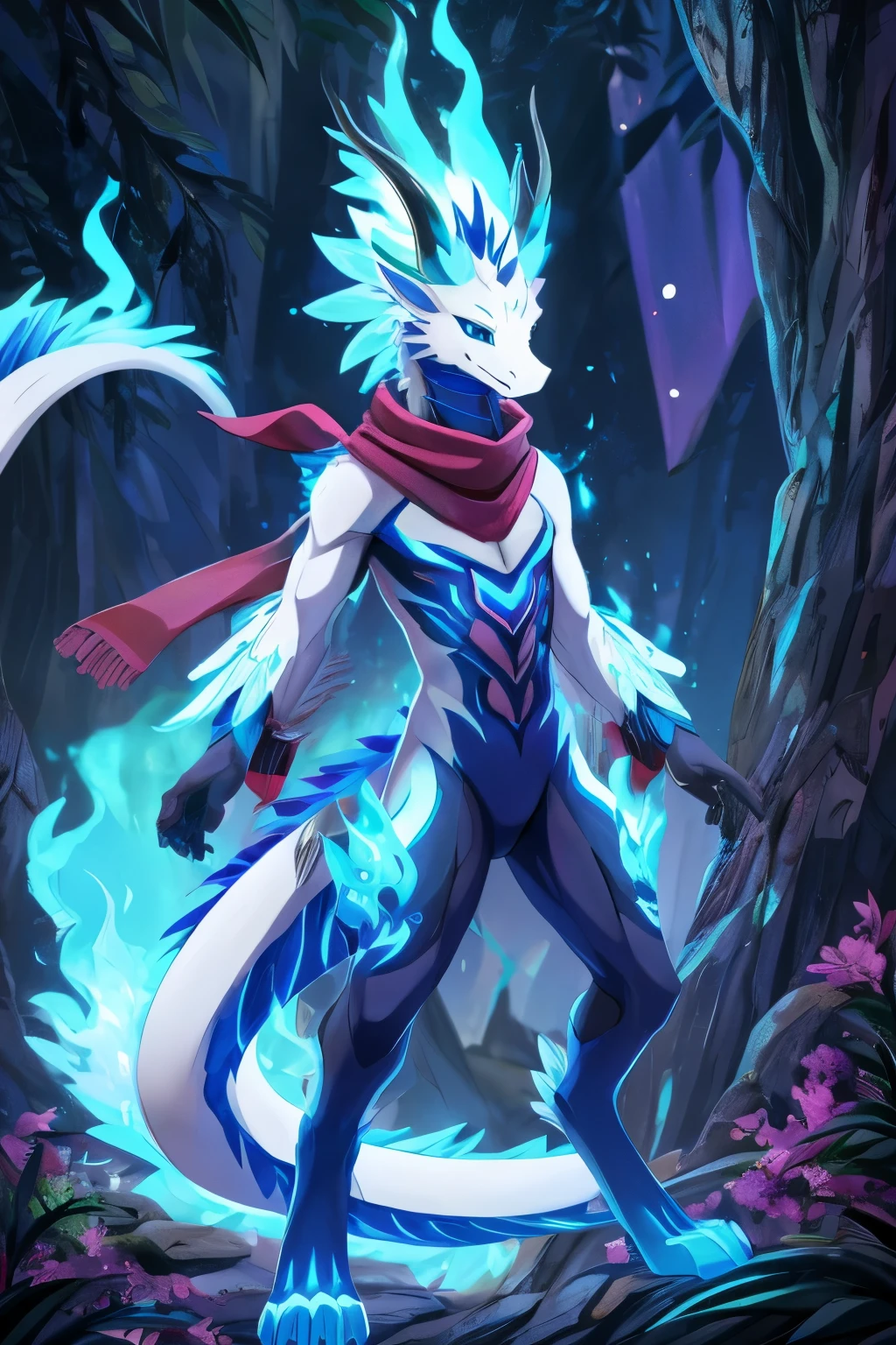 (anime), (front facing), (looking at the camera), slim furry white fire dragon, blue fire magic, secondary body colors, (blue, magenta and cyan undertones), long muzzle, neck and tail fur, digitigrade, creative horns, feathers, (wearing only a scarf), nature background, full body