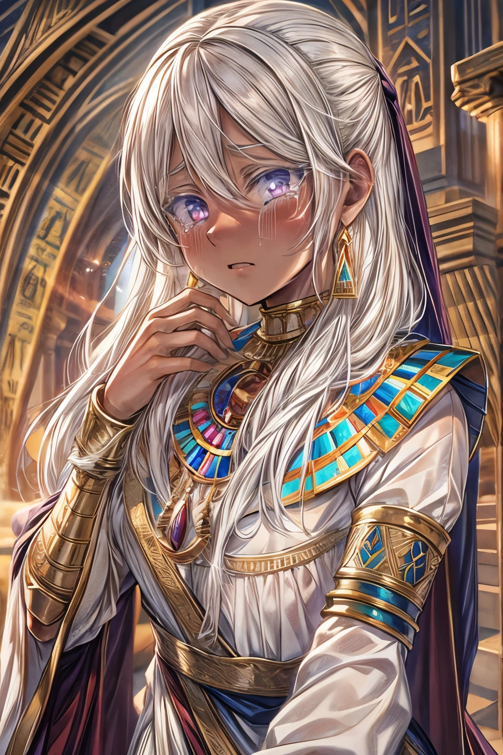 High resolution, masterpiece, Highest quality, Textured skin, Plump Skin, Glowing Skin, girl, Just One, Brown Skin, White Hair, White eyelashes, Small breasts, Luna, Royalty, Crescent-shaped earrings, Egyptian ornaments, Flying in the air, dress, armor, Low exposure, Sky, adult, around 20 years old, Are crying, Crying, sorrow, tears,