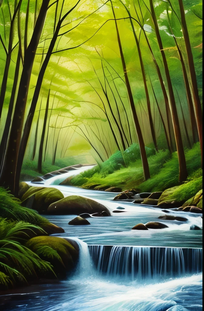 a painting of a stream running through a forest filled with trees, a photorealistic painting by Scott Gustafson, shutterstock, hudson river school, nature painting, beautiful flowing feeling, stream of love and happiness, river in the wood, babbling brook, watercolor painting style, real-life brook, landscape art, water painting, oil painting style, incredible painting