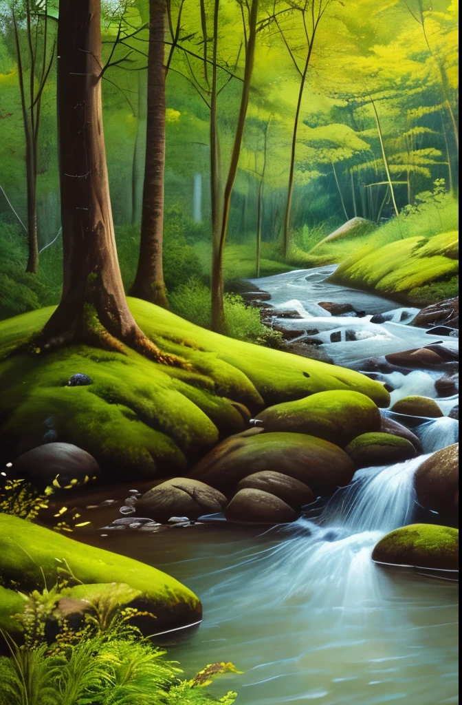 a painting of a stream running through a forest filled with trees, a photorealistic painting by Scott Gustafson, shutterstock, hudson river school, nature painting, beautiful flowing feeling, stream of love and happiness, river in the wood, babbling brook, watercolor painting style, real-life brook, landscape art, water painting, oil painting style, incredible painting
